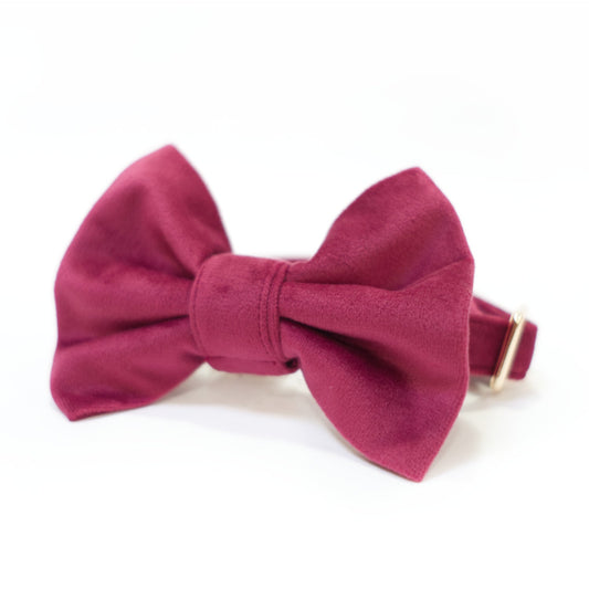 Velvet bow tie for dog collar, mulberry pink with center knot and stitched fold