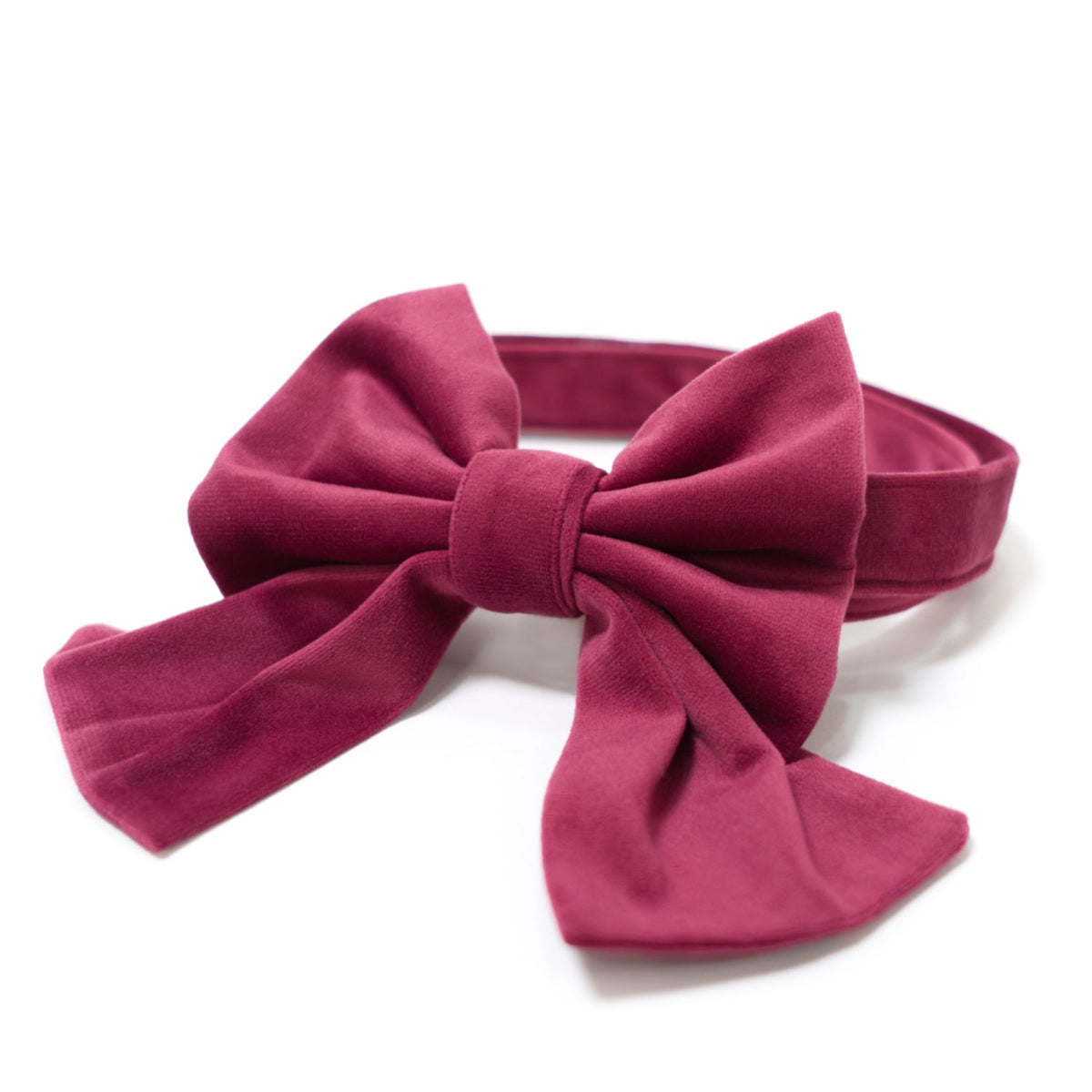 Mulberry velvet dog collar with large sailor bow, tied center knot