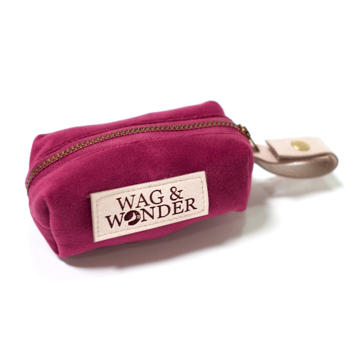 Burgundy velvet waste bag holder with zipper pouch and logo patch