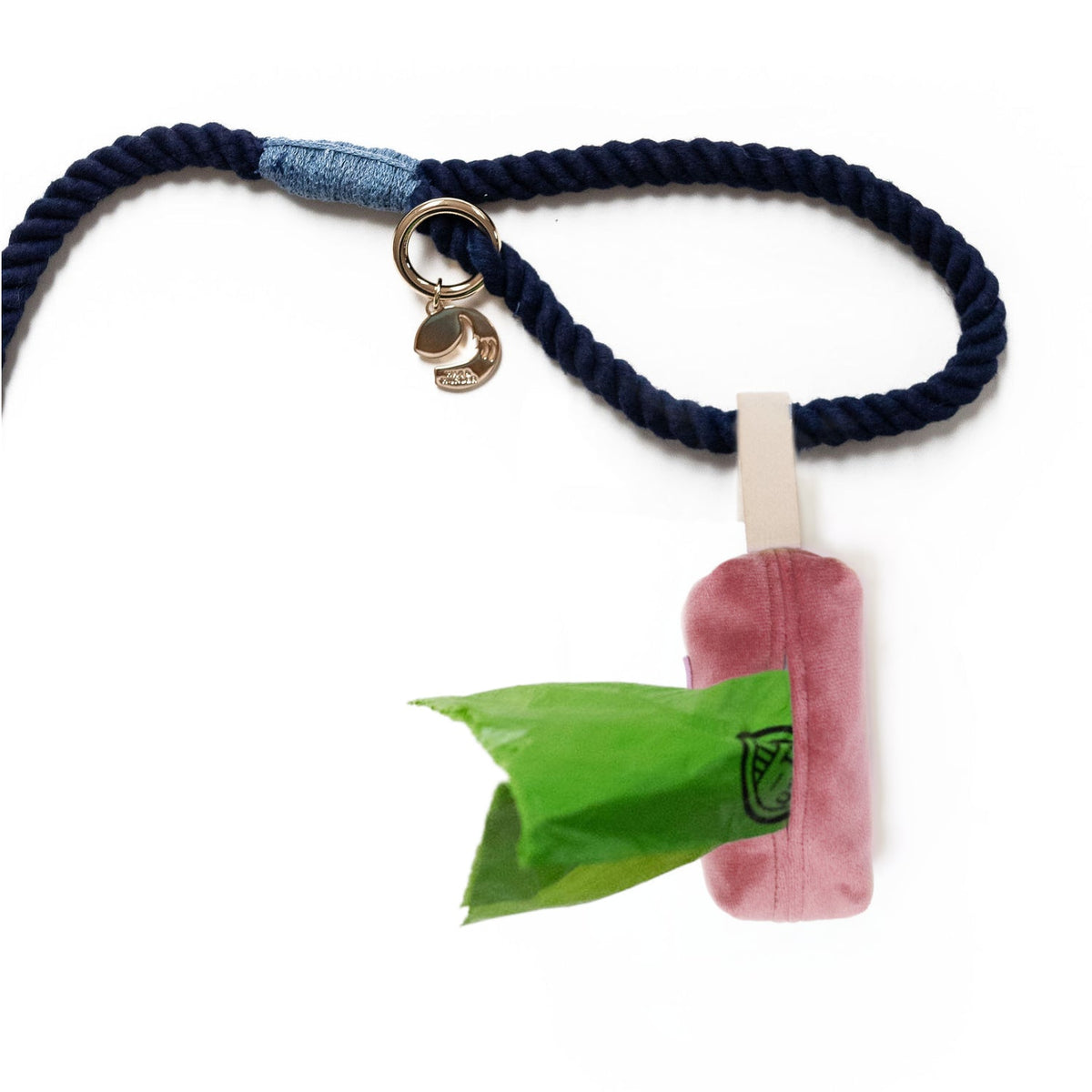 Navy rope leash-style waste bag holder with rose velvet pouch and green bag