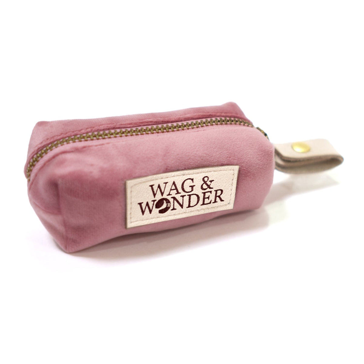 Velvet waste bag holder pouch in rose pink with zipper and WAG & WONDER patch