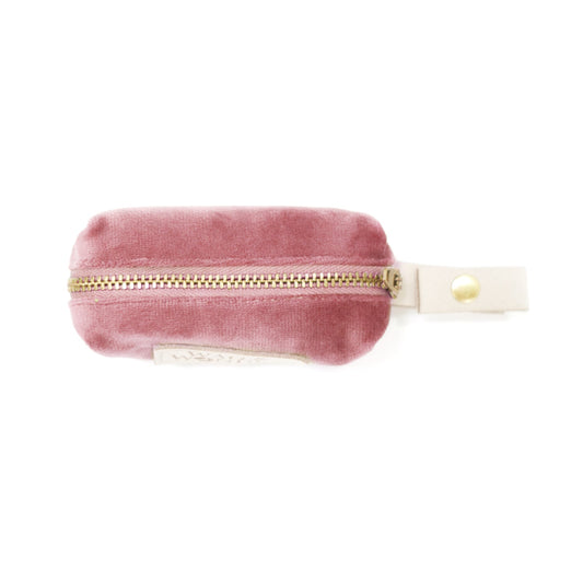 Rose velvet waste bag holder with top zipper and light strap with gold snap clip