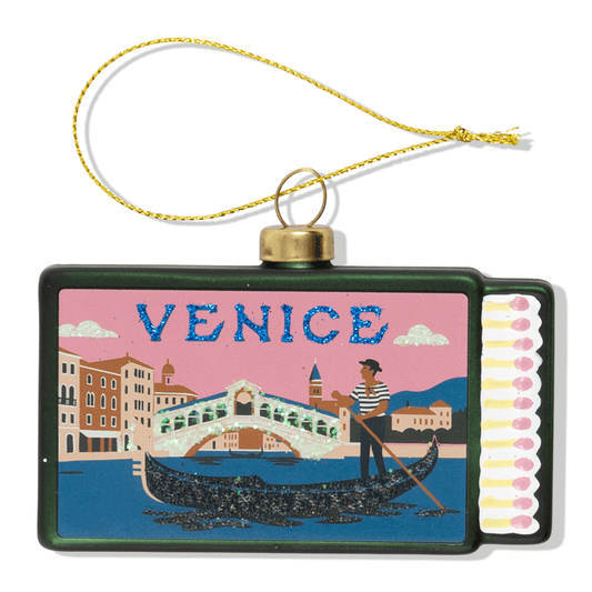 Rectangular matchbook ornament with Venice scene, gold ring and tassel cord