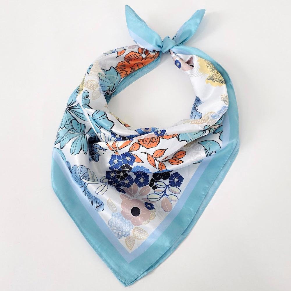 Floral square scarf, light blue border with blue-and-orange bouquet print