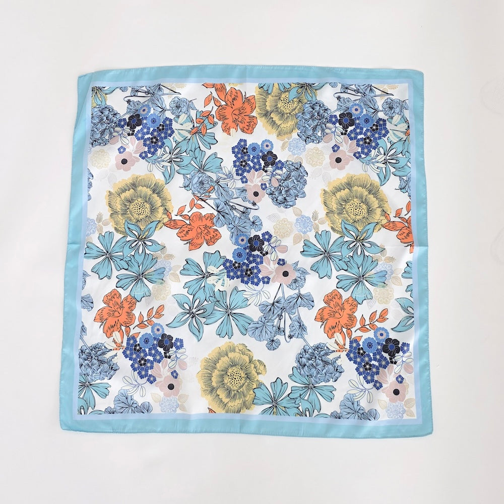 Floral square scarf, light blue border with multicolor bouquet print