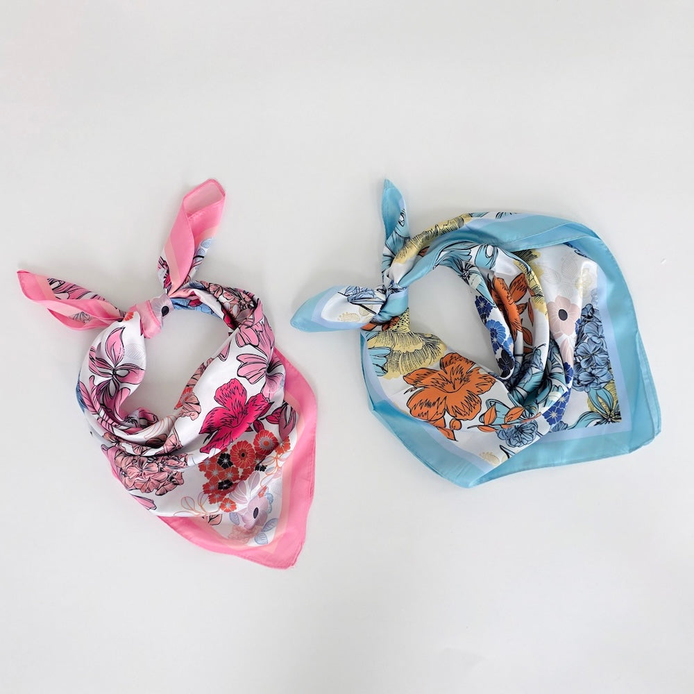 Floral square scarves set: pink and blue patterns with matching borders
