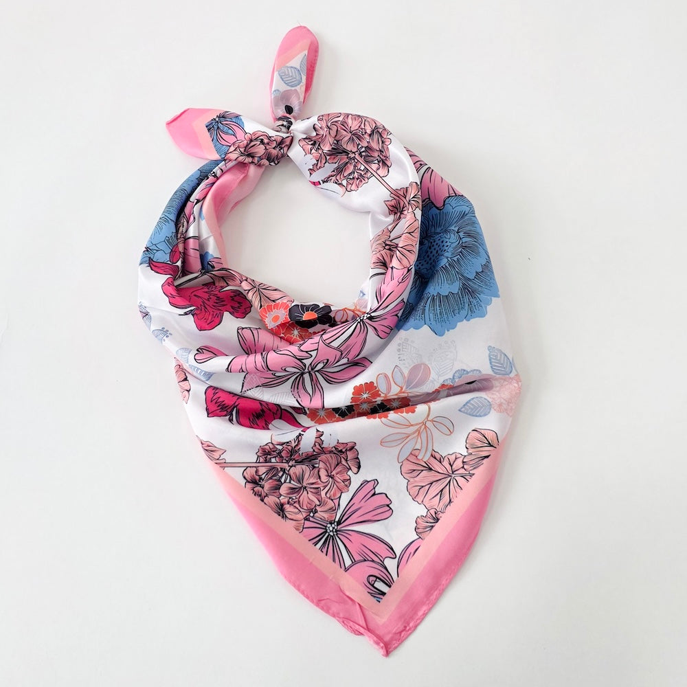 Floral square scarf, pink and blue mix with floral print and corner knot