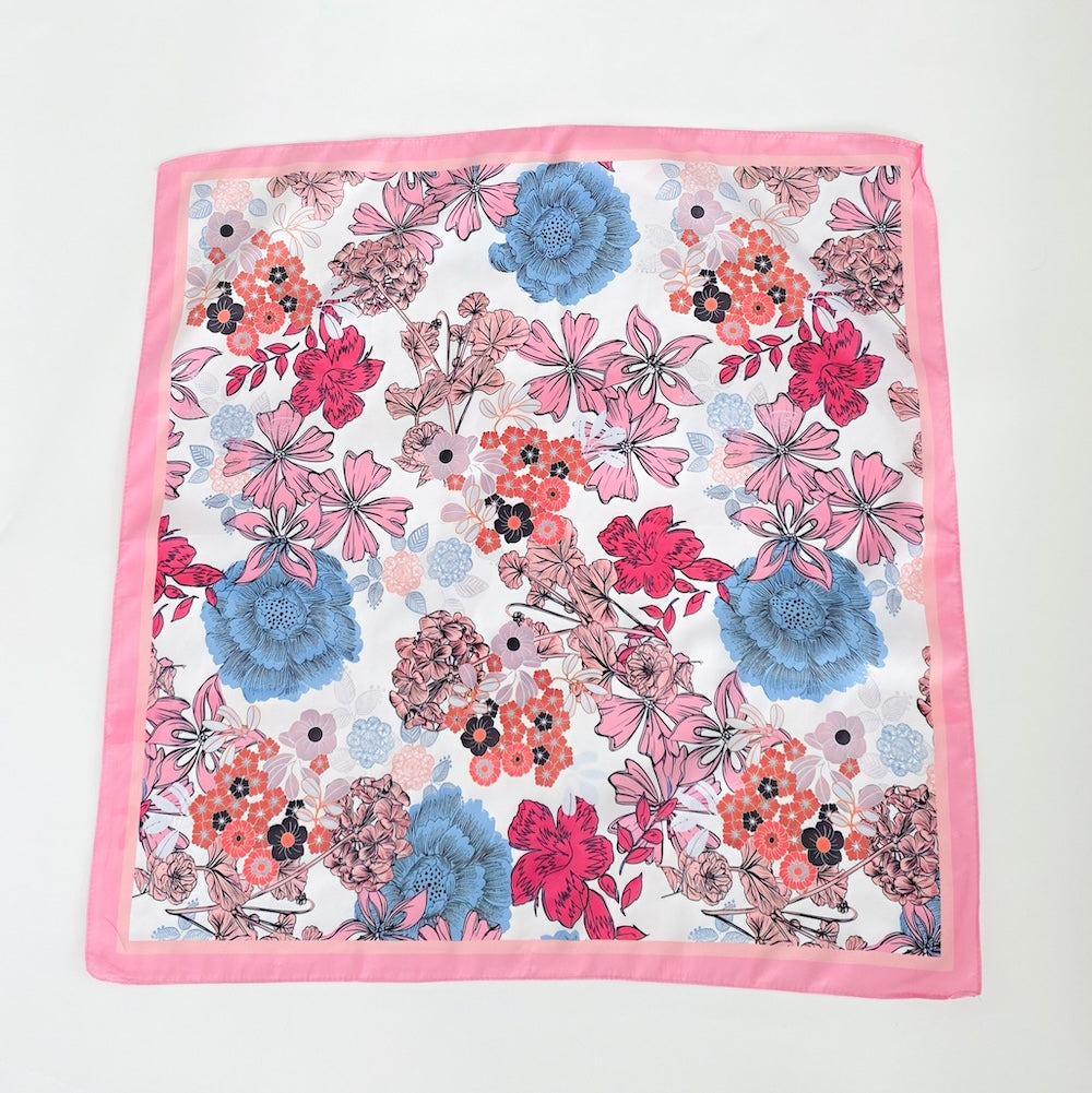 Floral square scarf, pink border with multicolor flower and leaf print