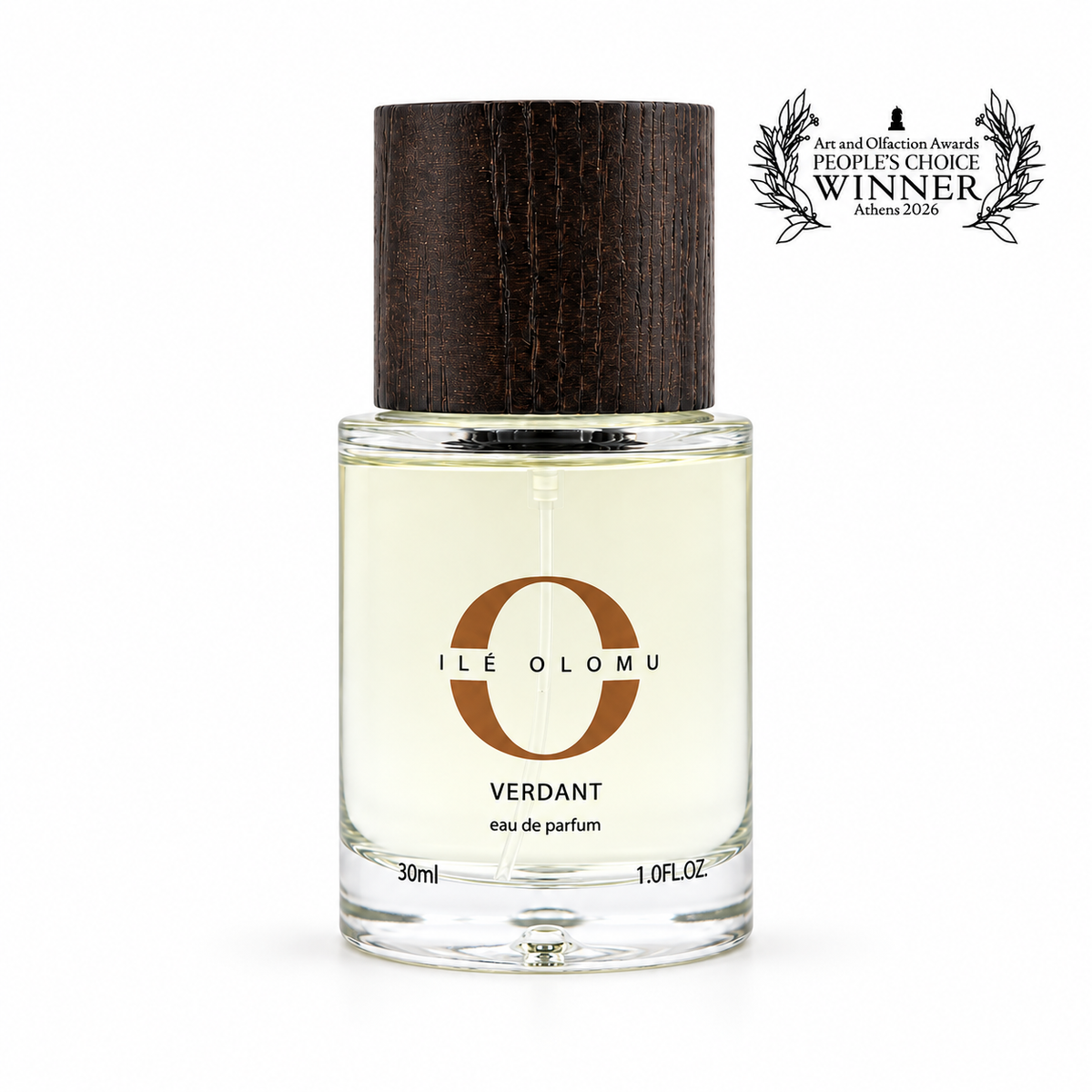 Verdant eau de parfum bottle with wood-effect cap, 30 ml clear glass
