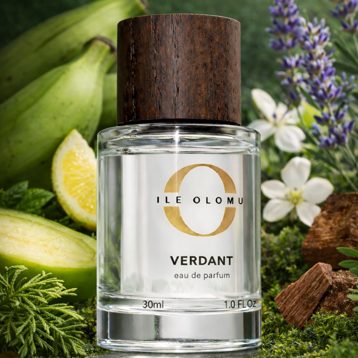 Eau de parfum bottle with dark wood cap and clear glass, 30 ml