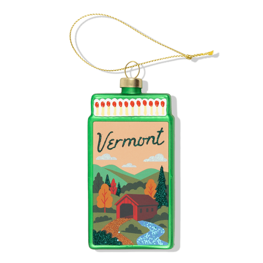 Green Vermont matchbook ornament with scenic house and 'Vermont' lettering