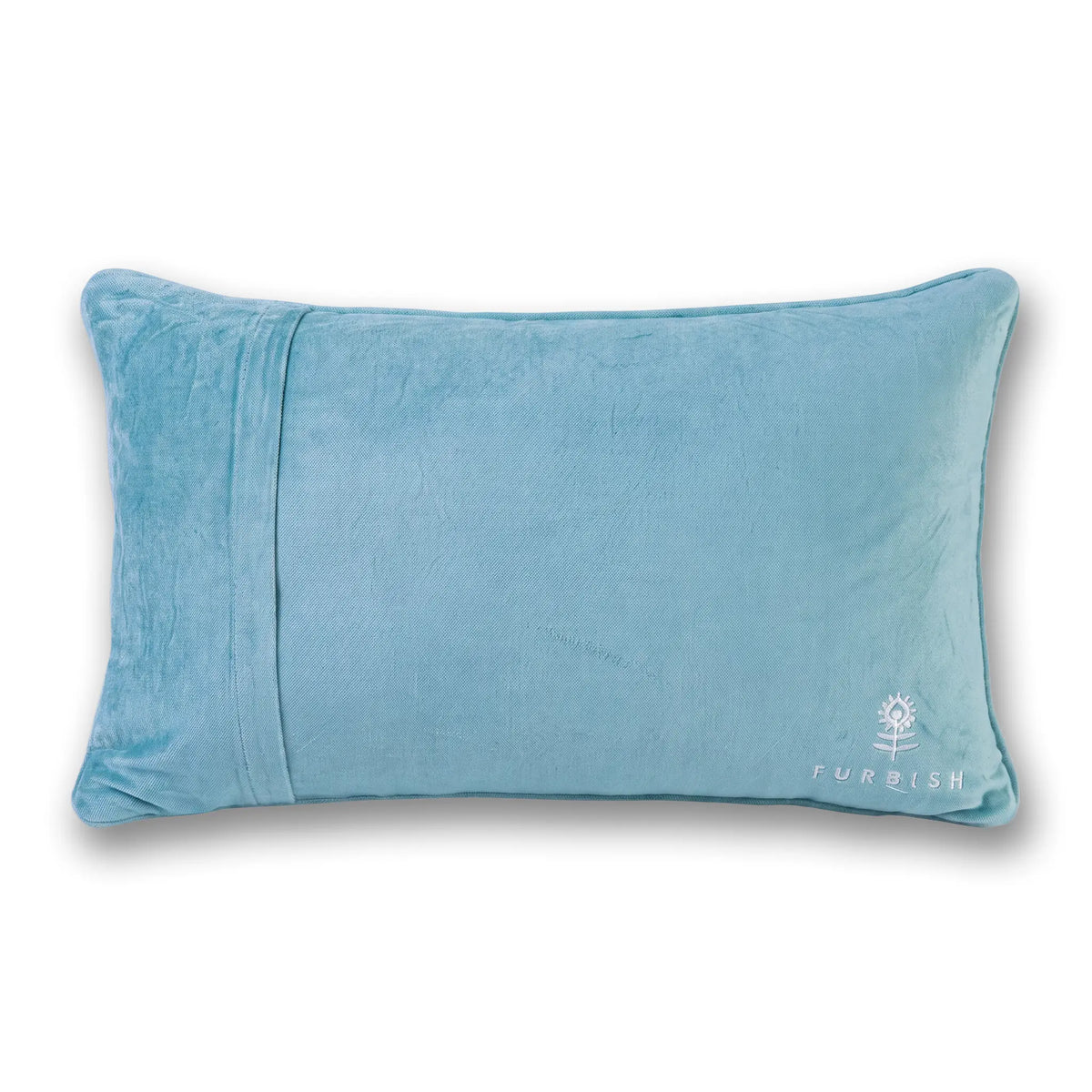 Blue holiday throw pillow with side piping seam and small “FURBISH” logo