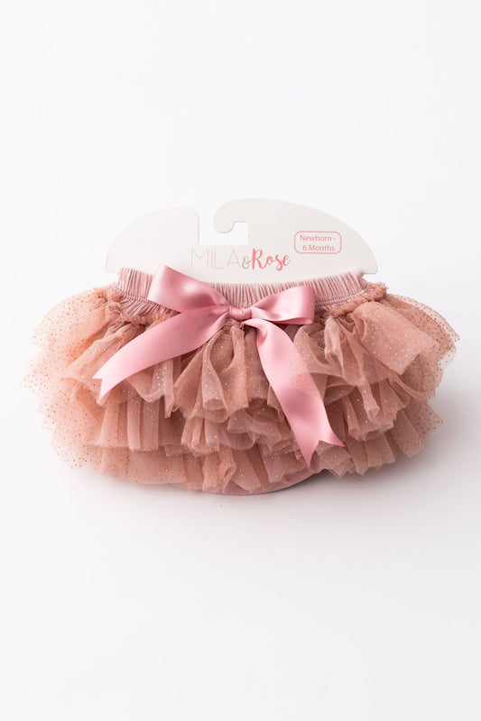 Pink glitter ruffle tutu bloomer with satin bow and tiered tulle layers
