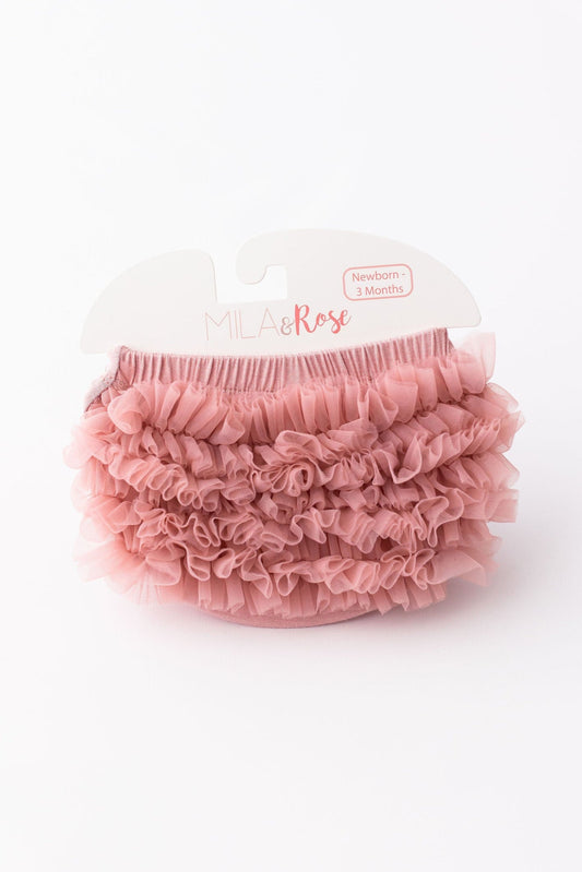 Pink ruffle bum bloomer with layered ruffles and elastic waistband