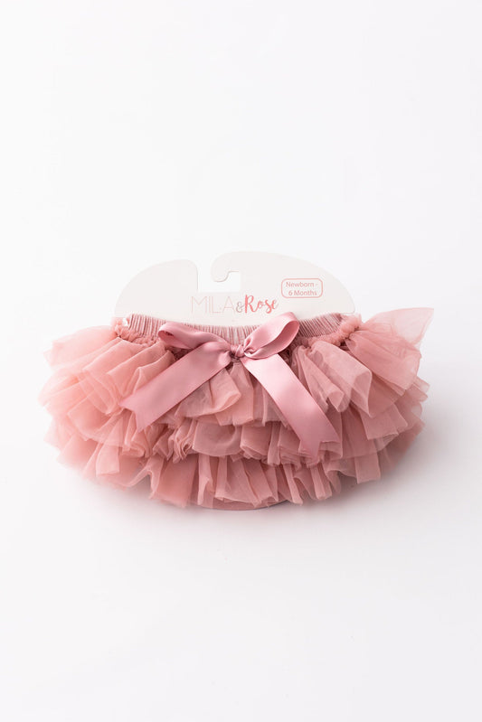Pink ruffle tutu bloomer with front bow and layered tulle skirt