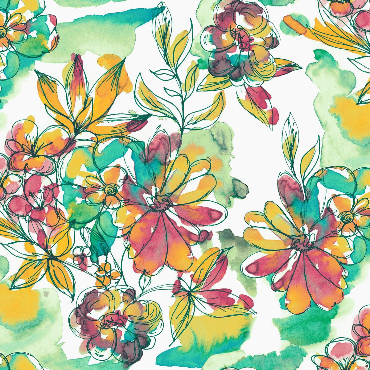Floral fabric scrunchie with multicolor flowers and leaves on a light background