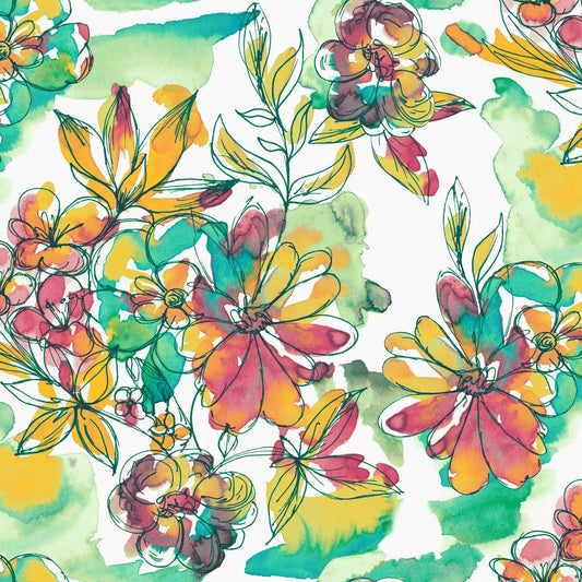 Floral fabric scrunchie with multicolor flowers and leaves on a light background
