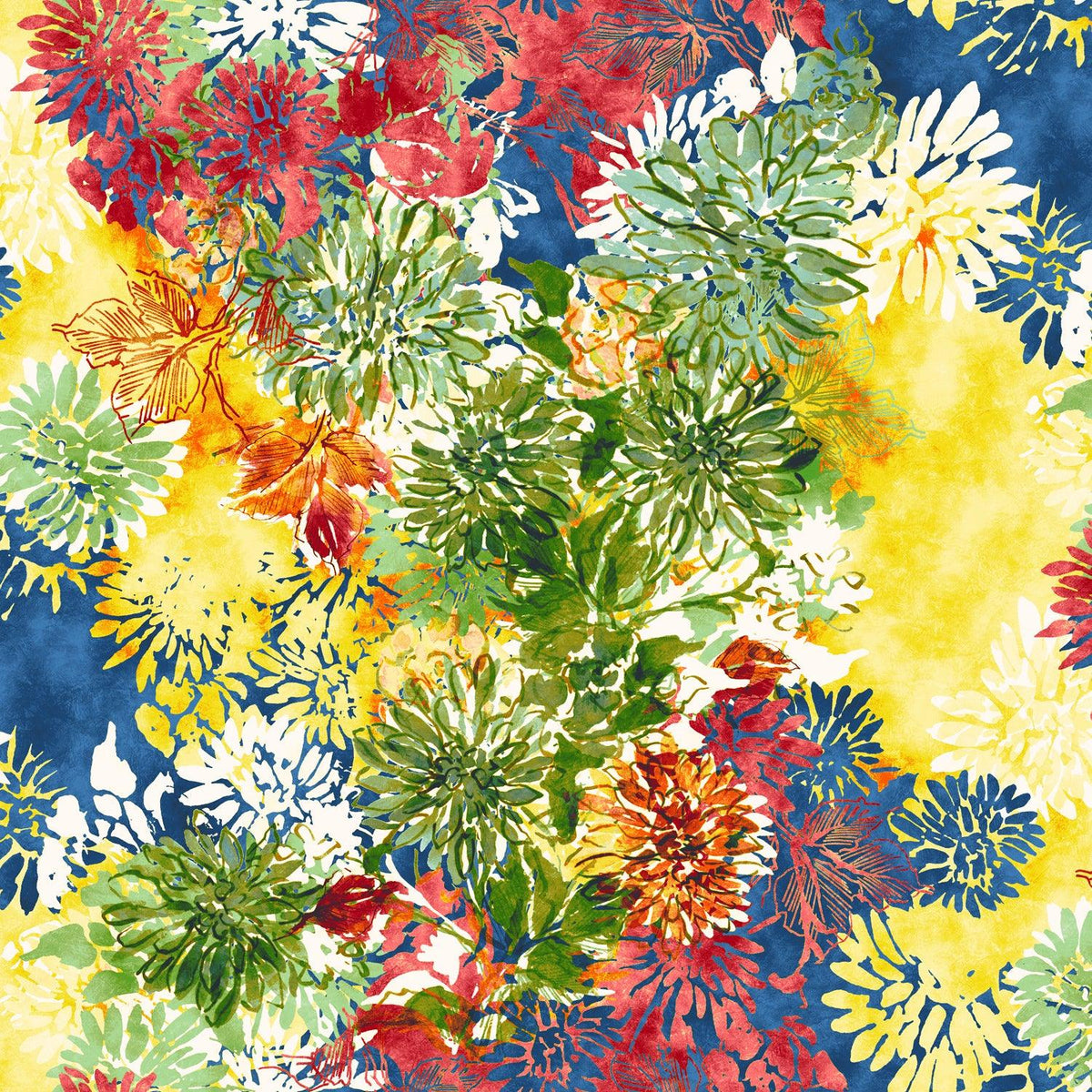 Floral fabric scrunchie in multicolor burst pattern