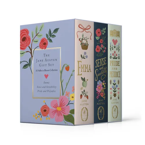 Jane Austen hardcover gift set, three floral book spines in illustrated slipcase