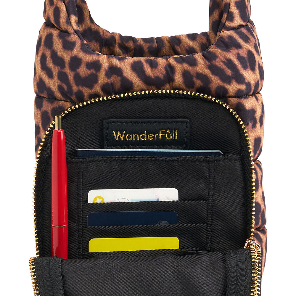 Leopard print pouch interior with WonderFul label and card slots