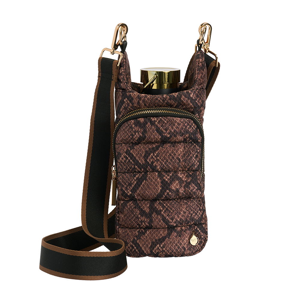 Snake-print nylon HydroBag with gold-tone top handle and front pocket, crossbody strap