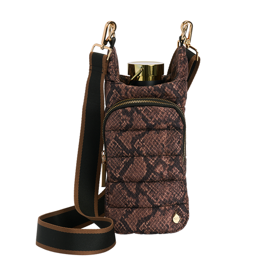 Snake-print nylon HydroBag with gold-tone top handle and front pocket, crossbody strap
