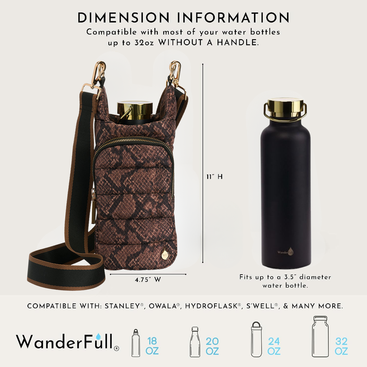 Snake-print bottle pouch with front zip and shoulder strap; holds up to 32 oz bottles
