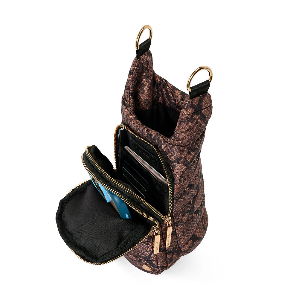 Snake-print HydroBag open pocket layout with zip closure and adjustable shoulder strap