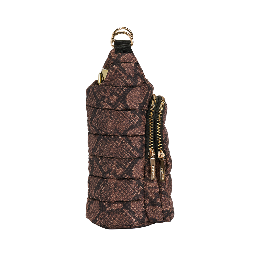 Snake-print cylindrical HydroBag with top handle, gold zippers, and side pocket