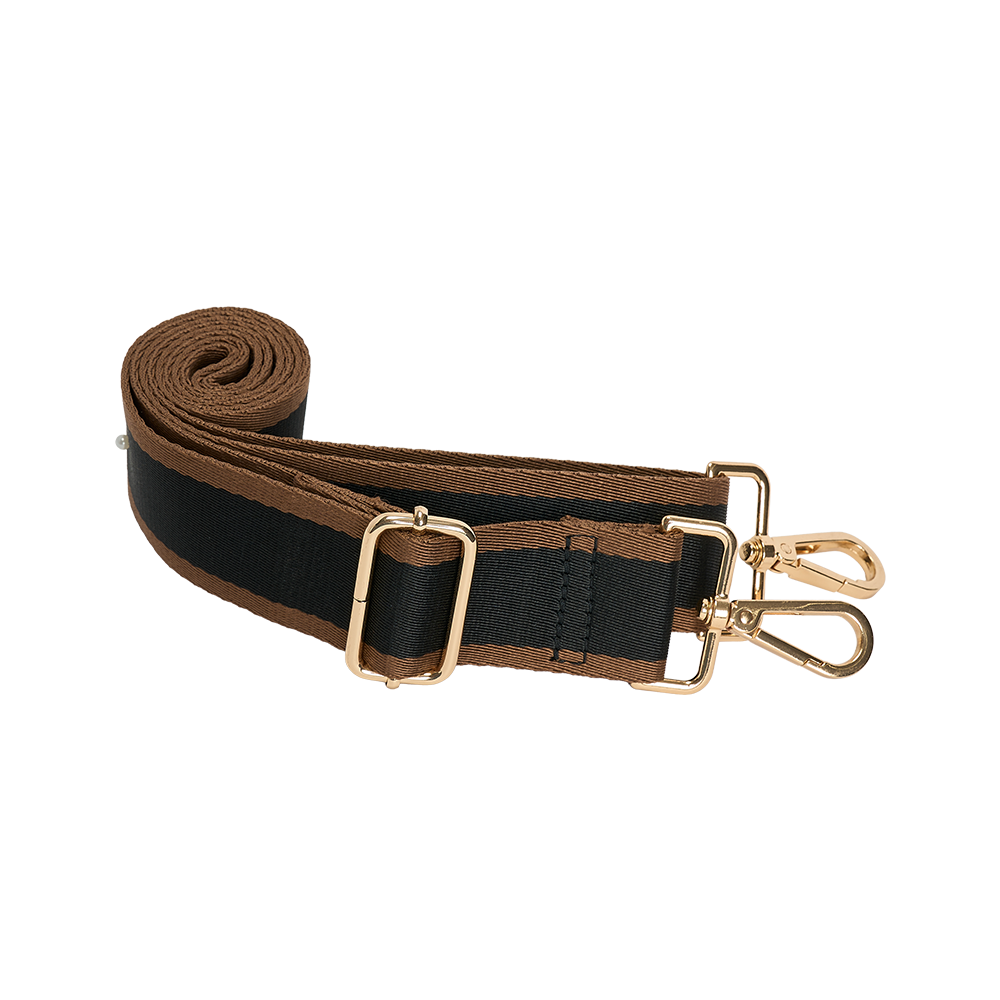 Adjustable webbing strap with gold buckle and clip hardware for snake-print HydroBag