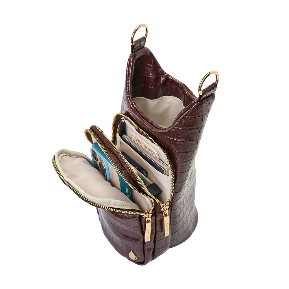 Merlot faux croc HydroBag with zip opening, interior pockets, and gold zipper pulls