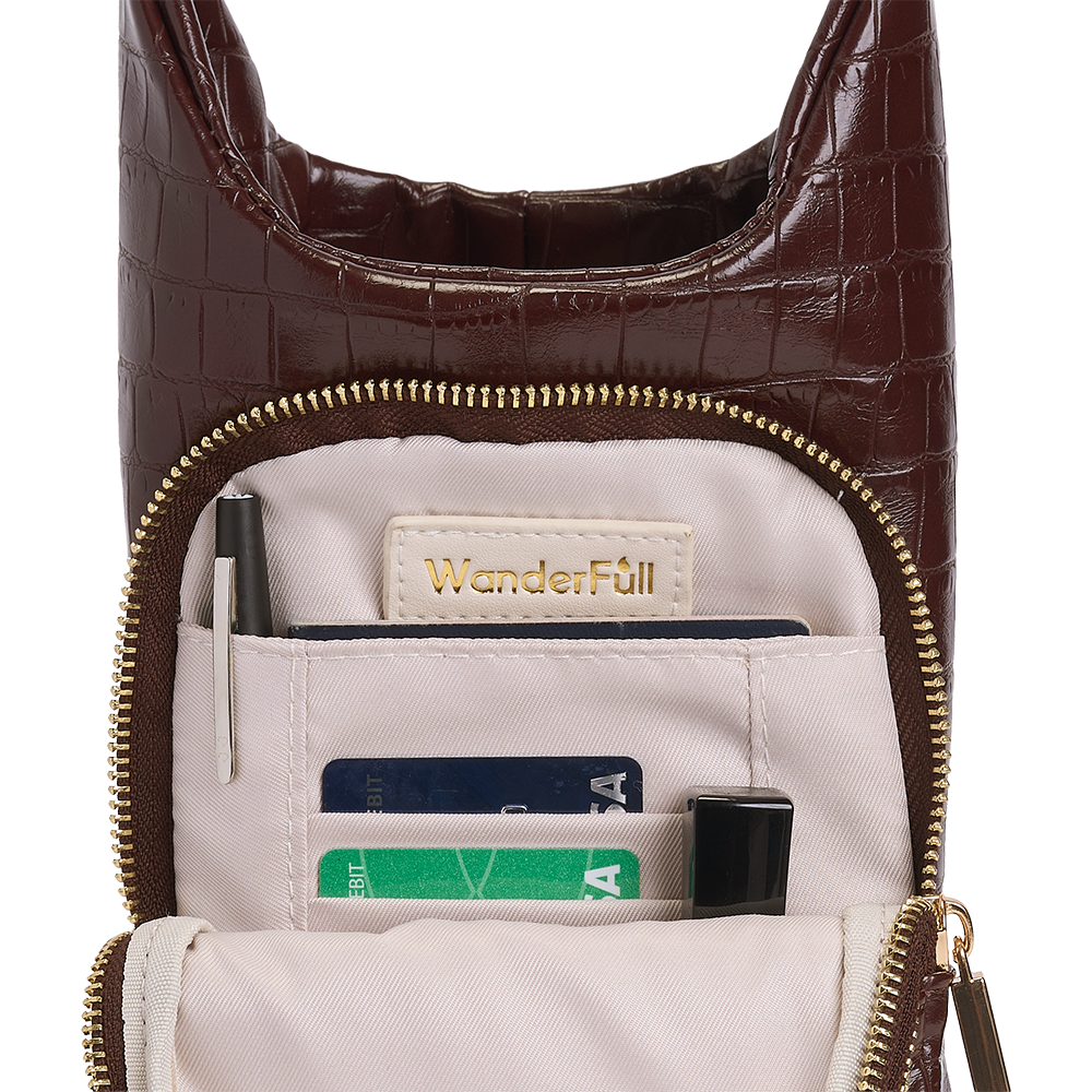 HydroBag interior pouch with WonderFull label, card slots, and zippered pocket lining