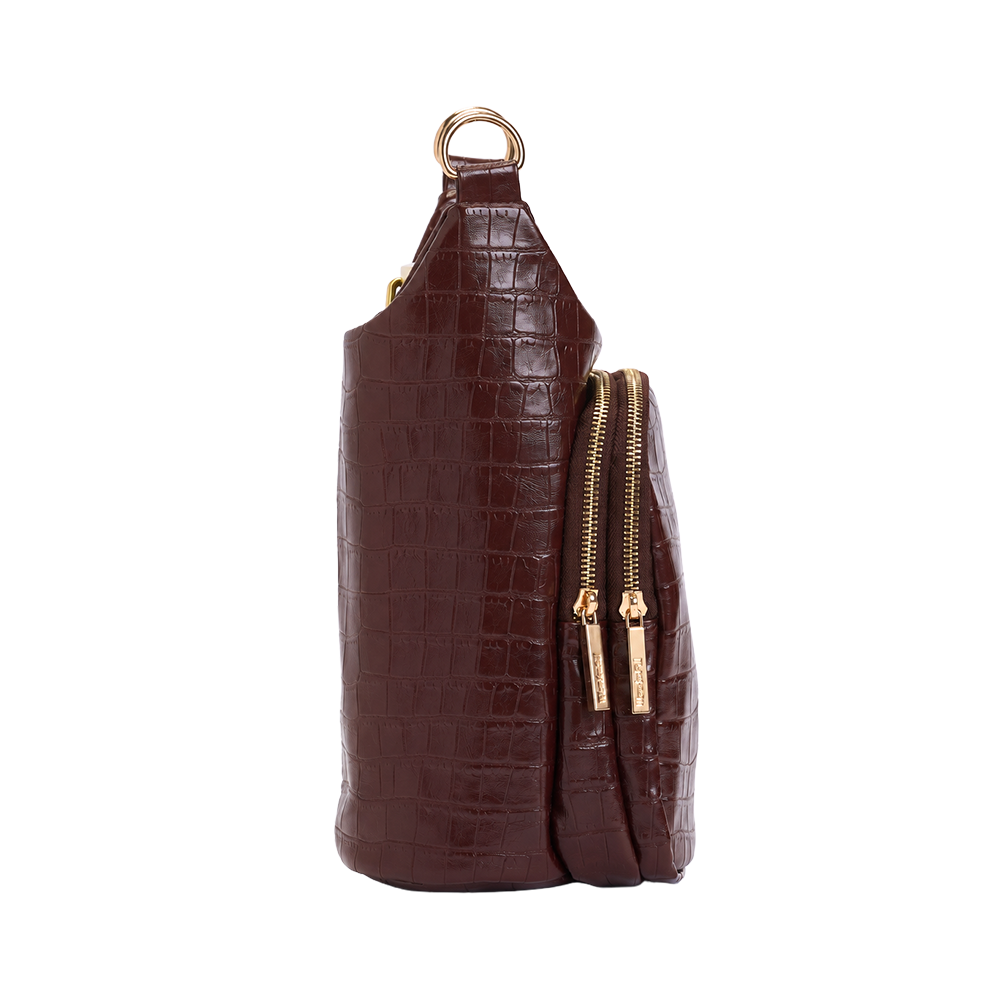 Merlot faux croc HydroBag bottle-shaped carrier with rear zip pocket and gold handle