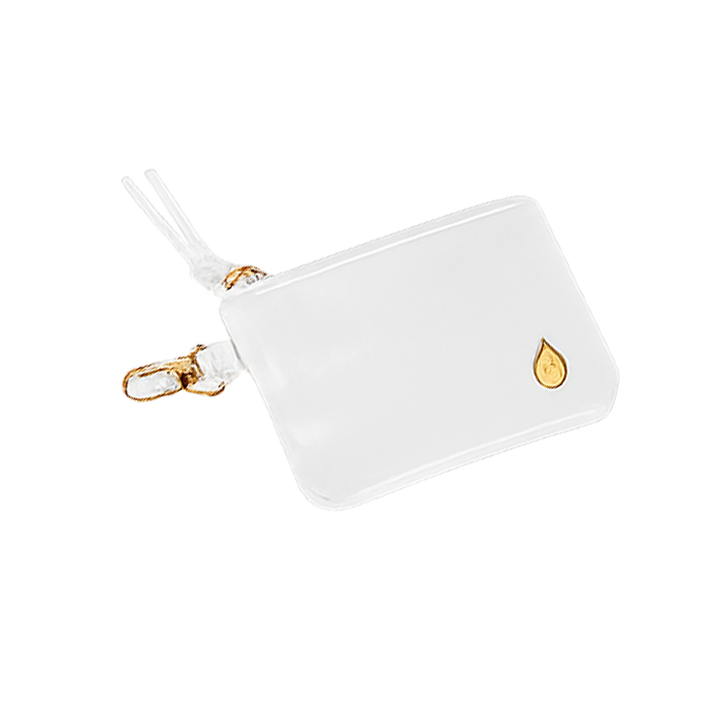 White vegan leather RFID card pouch with gold zipper pull and tassel keyring