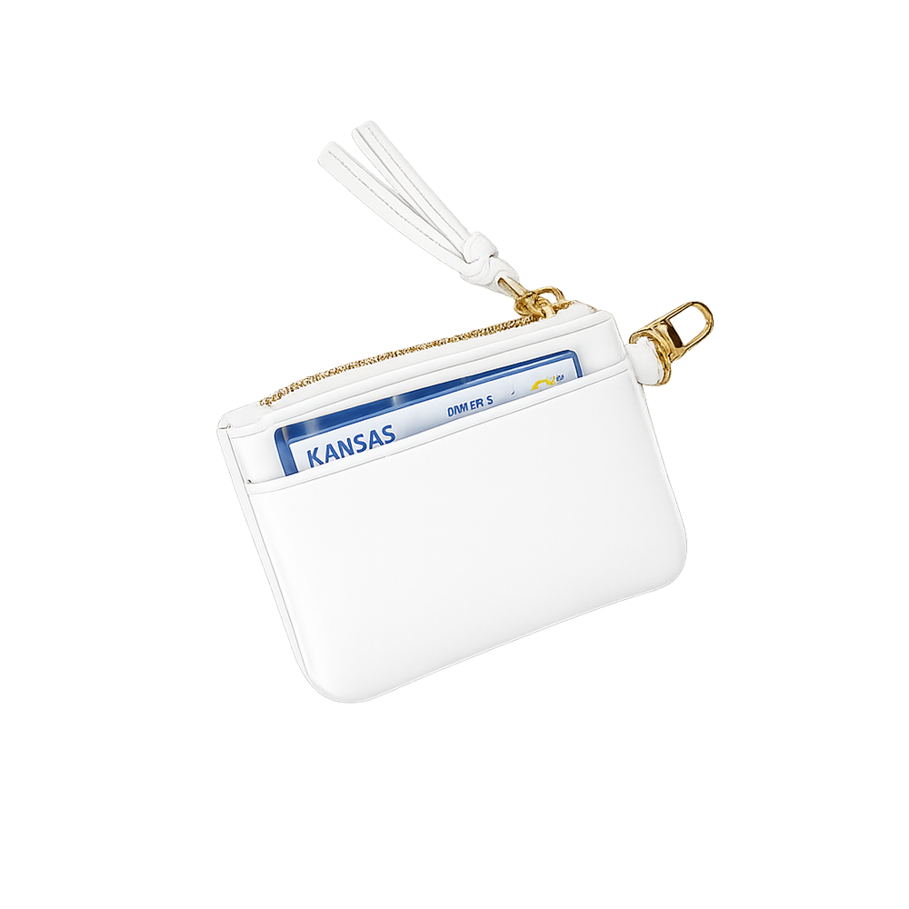 White card pouch showing card slot with blue ID and tassel keyring