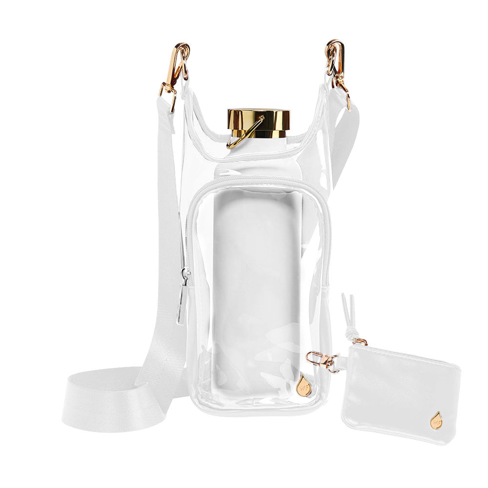 White card pouch with clear lanyard strap and gold-tone key rings