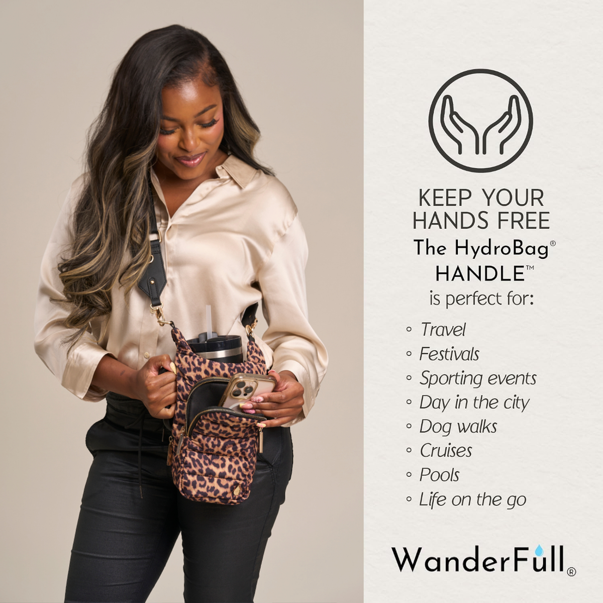 Leopard print HydroBag handle pouch held by model with a tumbler