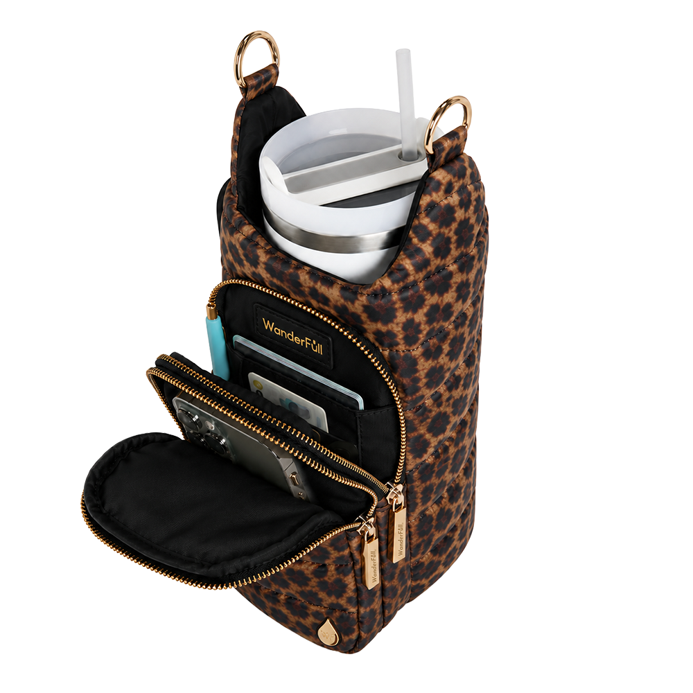 Leopard print HydroBag handle pouch open with interior cup holder and storage