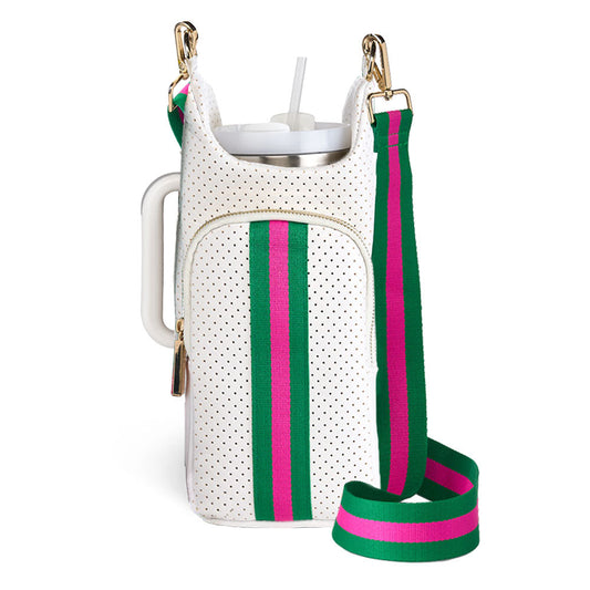 White perforated neoprene HydroBag with magenta and green vertical stripe, top handle