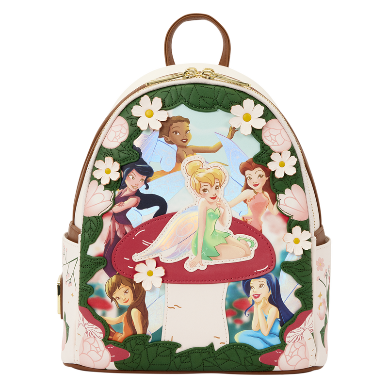 Loungefly Disney Tinker Bell mini backpack with colorful fairies, flowers and green leaf trim