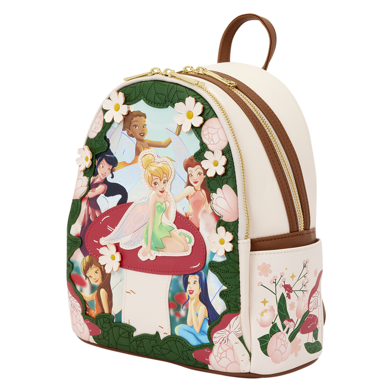 Loungefly Disney Tinker Bell backpack, angled view showing floral side pocket and brown trim