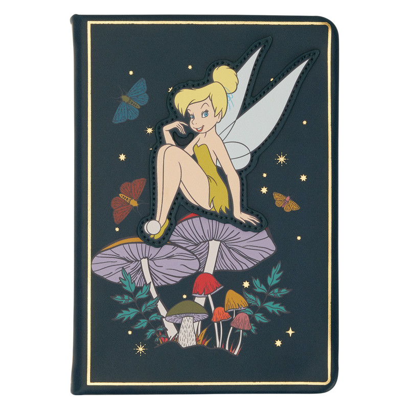 Refillable Tinker Bell journal with a gold border and fairy illustration on the cover