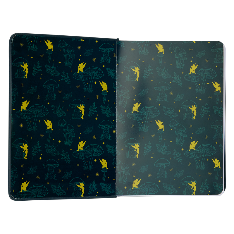 Journal with dark patterned endpapers featuring Tinker Bell, mushrooms, and butterflies