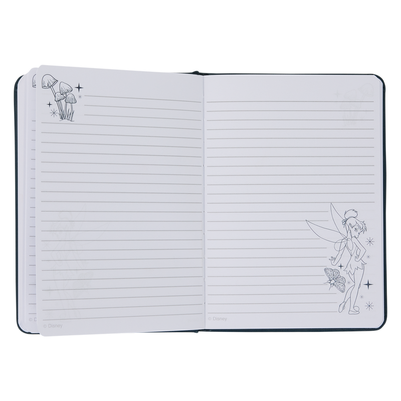 Journal opened to lined pages with small Tinker Bell and mushroom illustrations