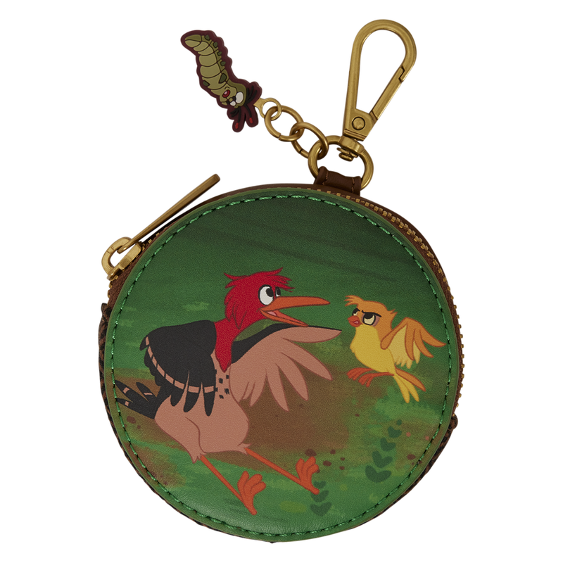 Round green bag charm with bird characters and a gold-tone clip
