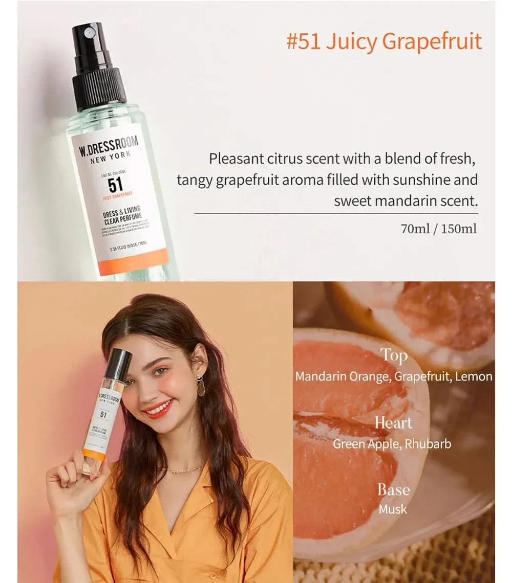 W.Dressroom No.51 Juicy Grapefruit clear spray bottle with scent notes text