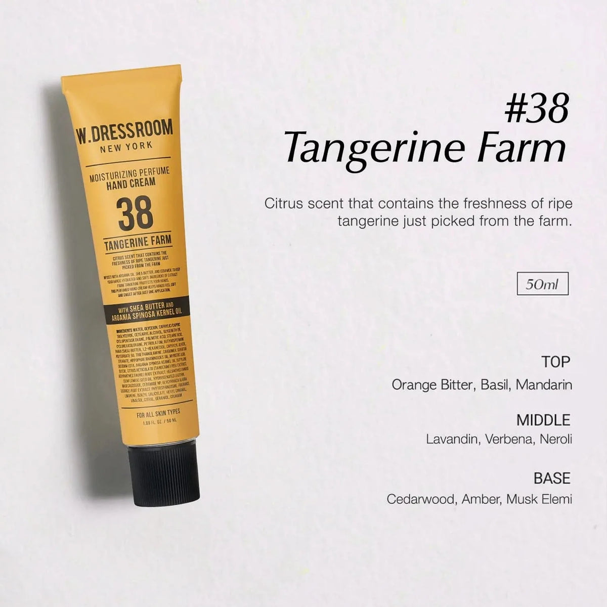 Moisturizing hand cream tube, #38 Tangerine Farm, with scent note callouts on label