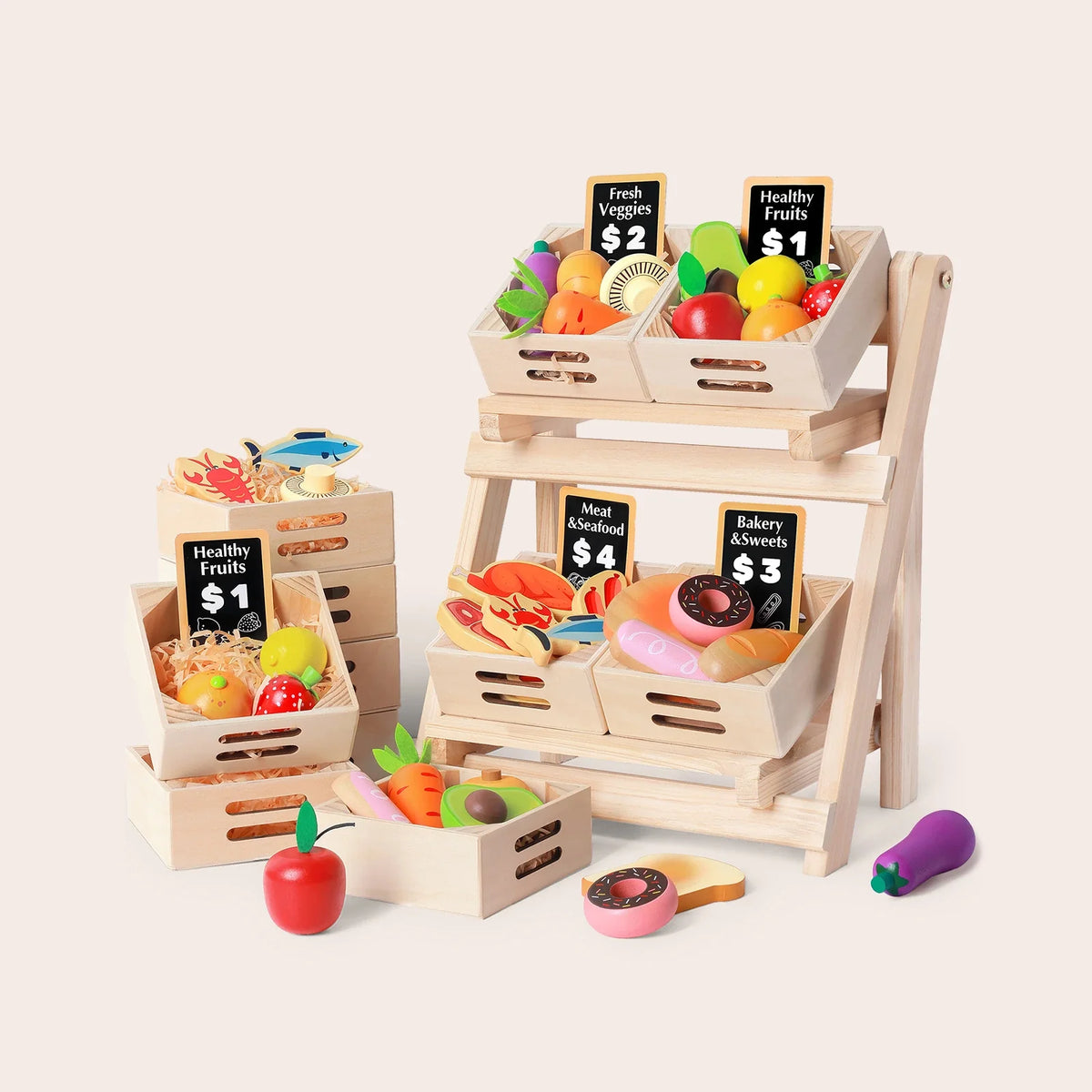 Wooden play food set with produce, bakery items, seafood, crates and a display rack