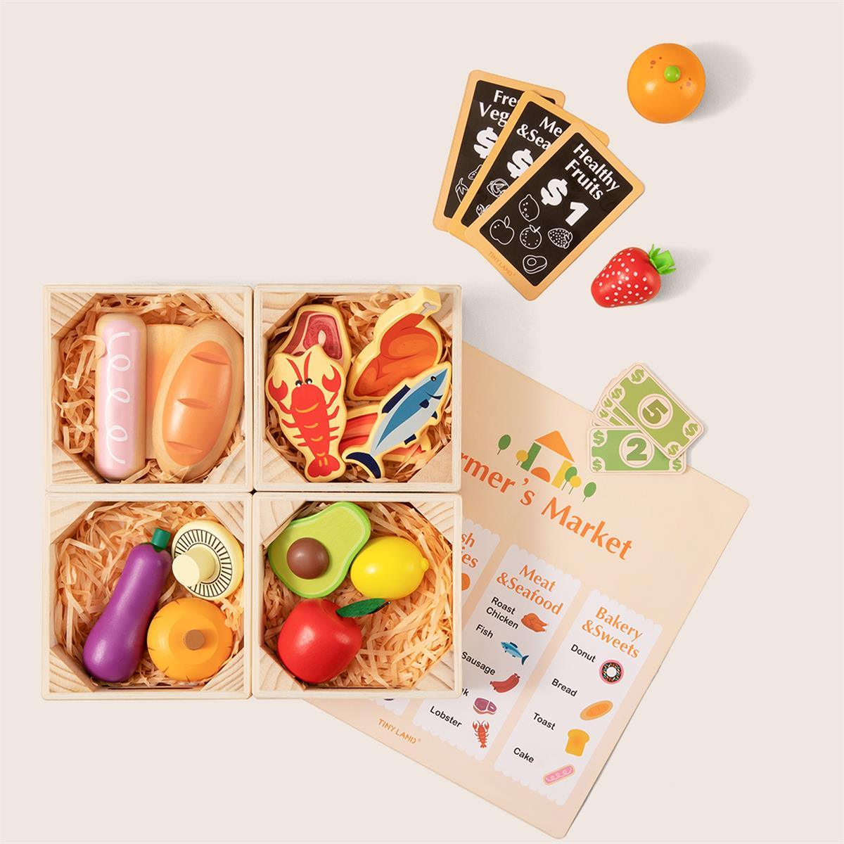 Wooden play food set with crates, toy groceries, market signs and play money