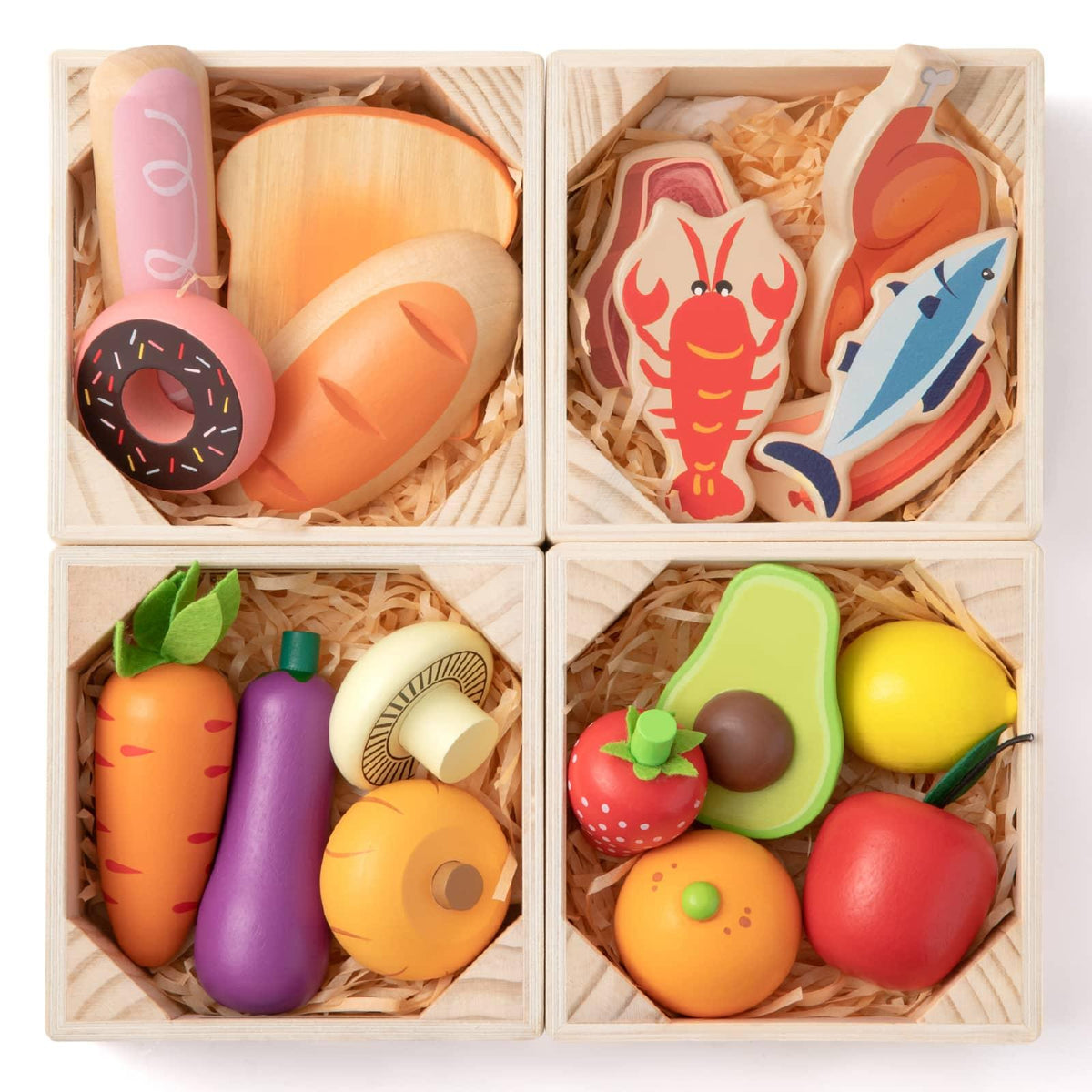 Wooden play food assortment in four crates, including fruit, vegetables, seafood and baked goods